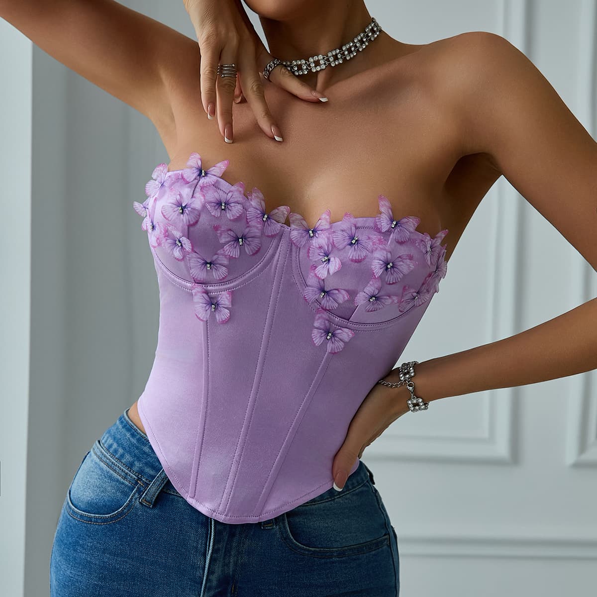 Satin butterfly tube top diamond top