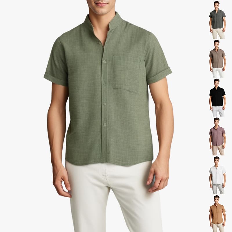 Solid-color Short-sleeved Lapel Shirt Summer Breathable Cotton