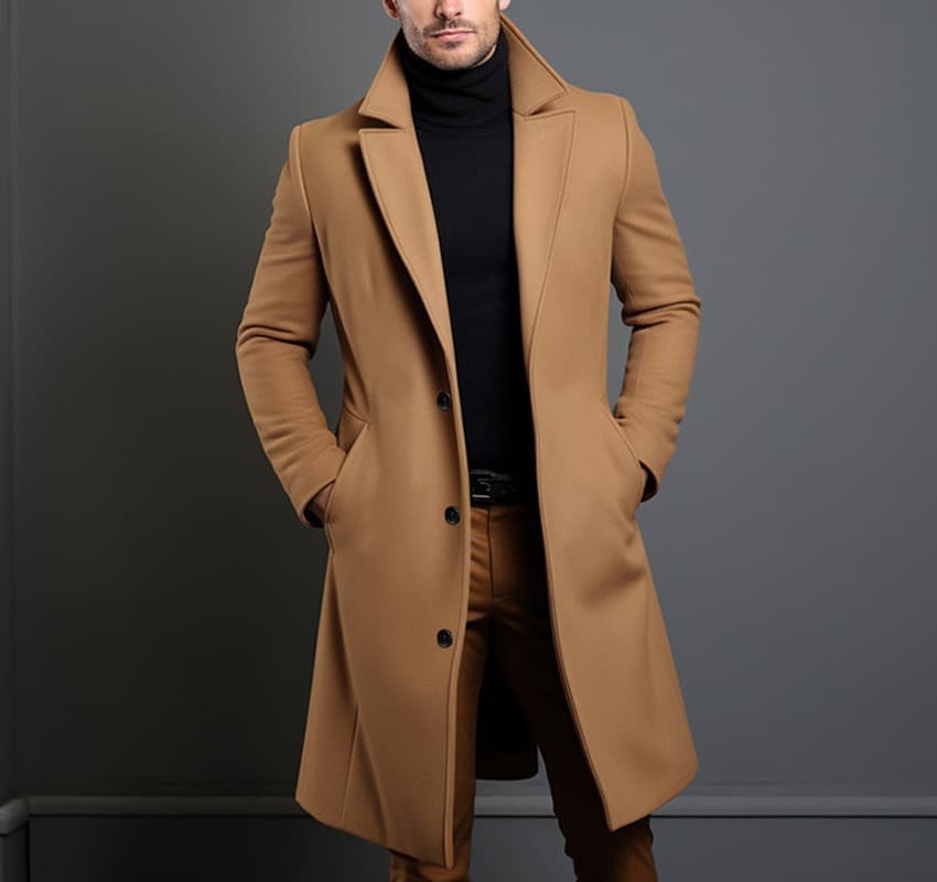 Men's Mid-length Trench Coat Fall Winter Slim Pockets Single-breasted