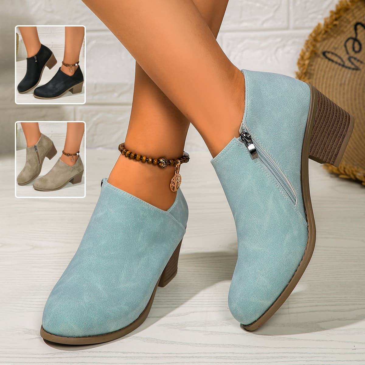 Chunky Heel Round Toe Ankle Boots With Side Zipper Design Fall Winter