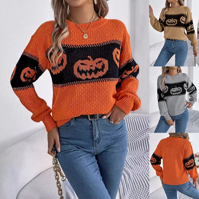 Halloween Pumpkin Pullover Sweater Long Sleeve Knitted Tops For Women