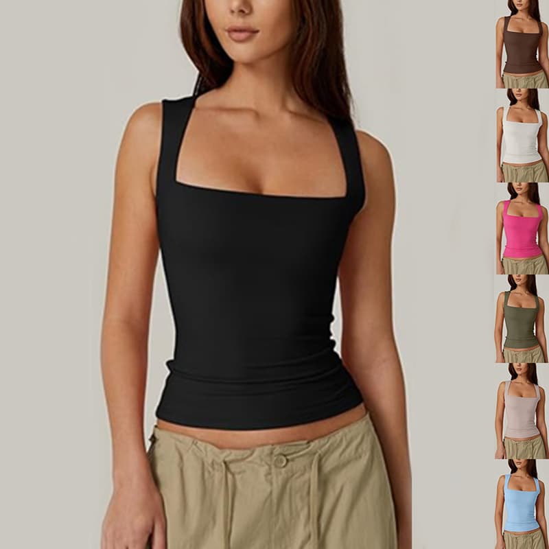 Summer Square-neck Tank Vest Slim Solid Sleeveless Tops For Women