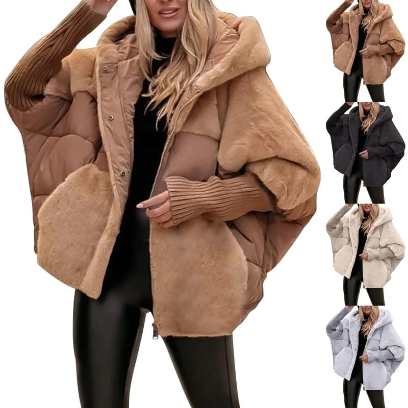 Women's loose cotton coat faux fur patchwork winter comfort chic long