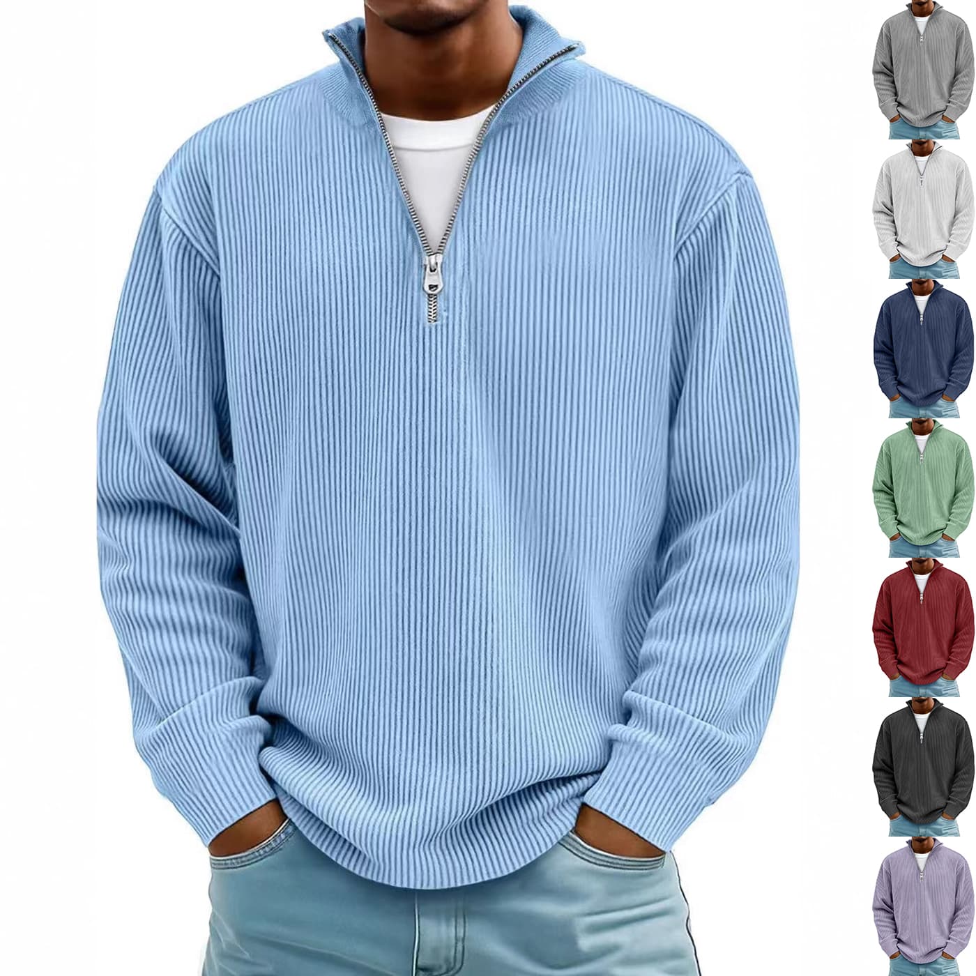 Corduroy Zipper Stand Collar Sweatshirt Warm Solid Color Long Sleeve