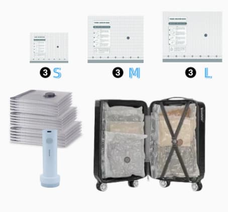 Vacuum compression storage bags travel set